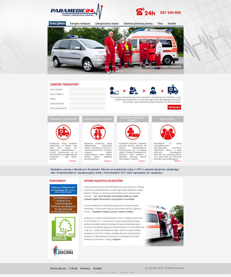 Witryna firmy oferującej transport medyczny - Paramedic24 ze Szczecina